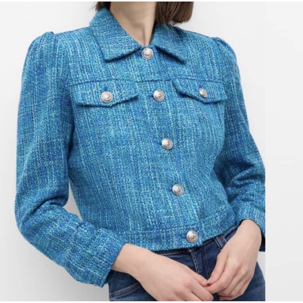 L'AGENCE Tweed Blazer Women's Size XS Caribbean Blue Kasey Crop Jacket $575